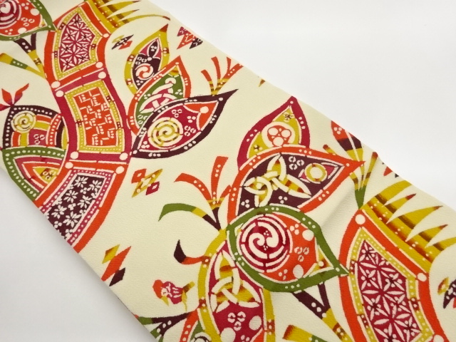 JAPANESE KIMONO / CHIRIMEN FABRIC / ABSTRACT PLANT PATTERNS NAGOYA OBI